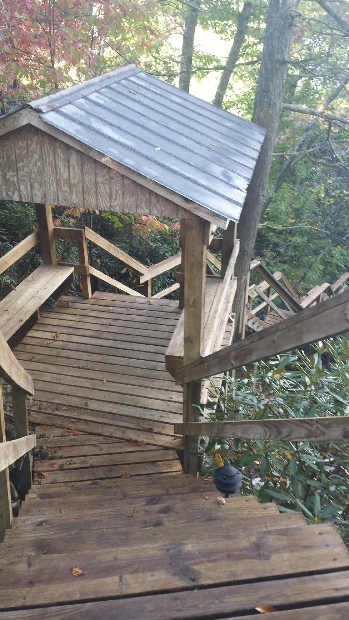 Metal roofed shelter over wooden steps on a wooded walkway — Skylight Repair & Installation work by our crew in Harbor City